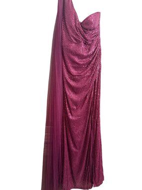 Pink Sequin One-Shoulder Gown With Sheer Draped Accent – Elegant Evening Wear